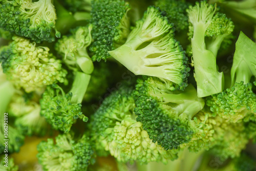 Vegetable healthy green organic raw broccoli florets ready for cooking food - Close up Slice Broccoli Background