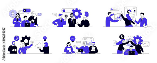 Set of succesfull team illustrations. Bundle of men and women taking part in business meeting, negotiation, brainstorming, talking to each other. Teamwork concept outline vector illustrations