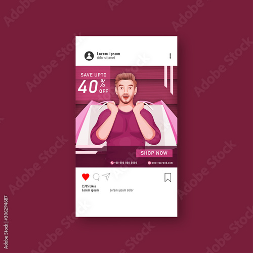 Sale mobile ui kit or flyer design with 40% discount offer and young man holding shopping bag.