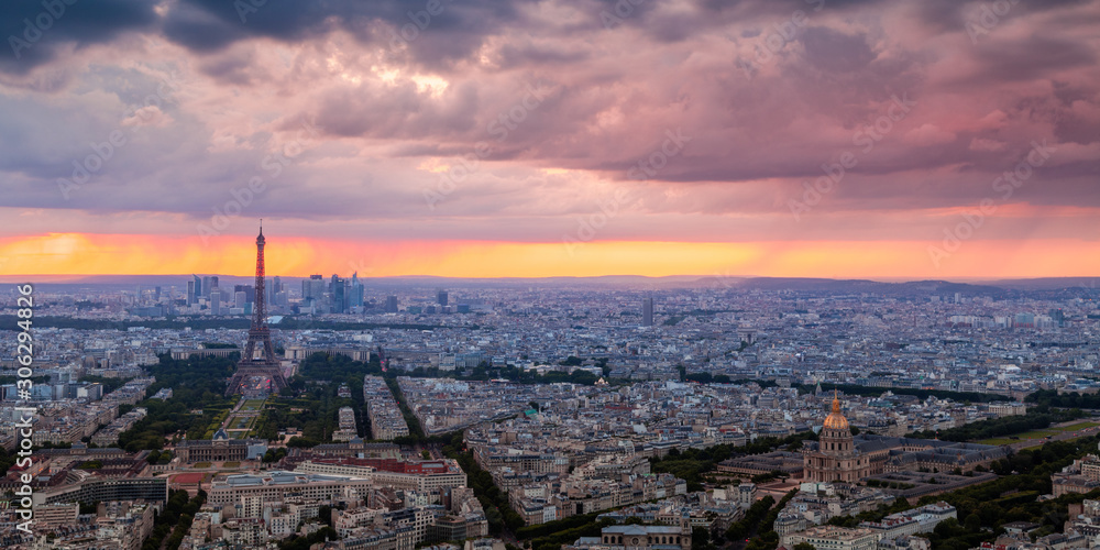 Panorama of the Eiffel Tower at sunset