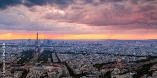 Panorama of the Eiffel Tower at sunset