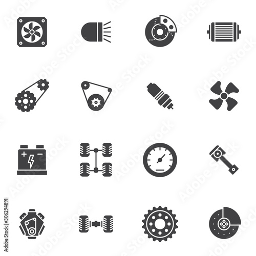 The car parts vector icons set, modern solid symbol collection, filled style pictogram pack. Signs, logo illustration. Set includes icons as brake pads, spark plug, speedometer, battery, radiator fan