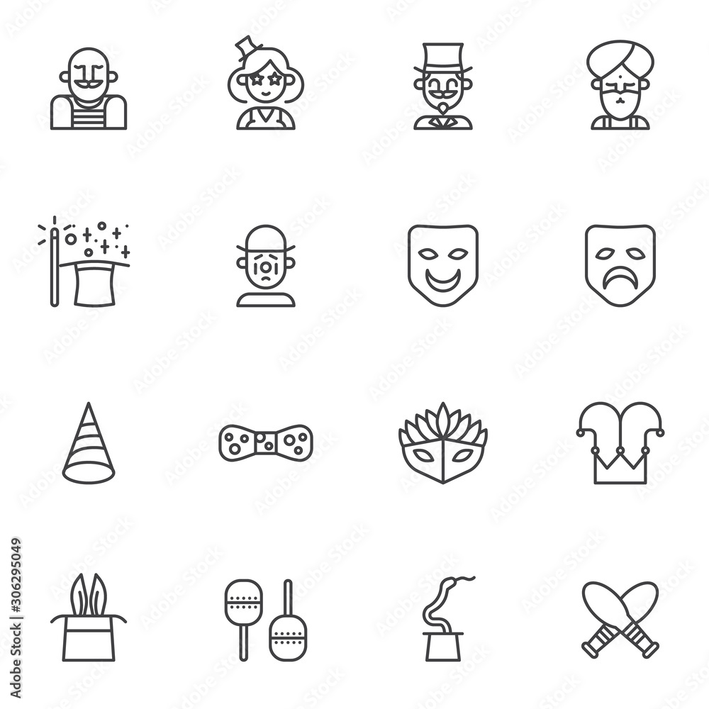 Circus artists line icons set. linear style symbols collection, outline signs pack. vector graphics. Set includes icons as strong man, magician, clown, acrobat, wizard, magic wand and hat trick, mask Circus artists line icons set. linear style symbols collection, outline signs pack. vector graphics. Set includes icons as strong man, magician, clown, acrobat, wizard, magic wand and hat trick, mask