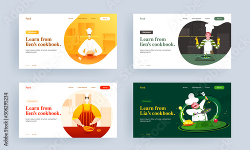 Learn from lien's cookbook landing page design with chef character cooking on kitchen view in four option.