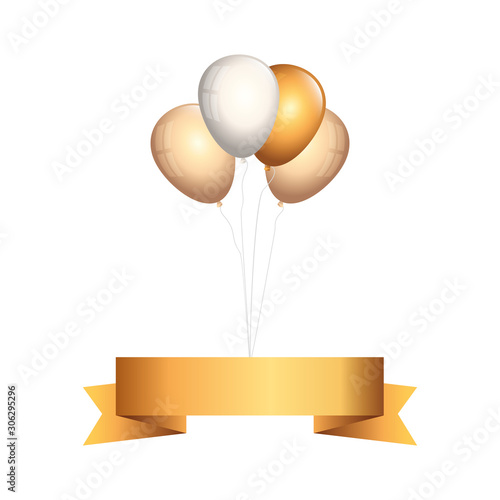 set of balloons helium golden and white with ribbon vector illustration design