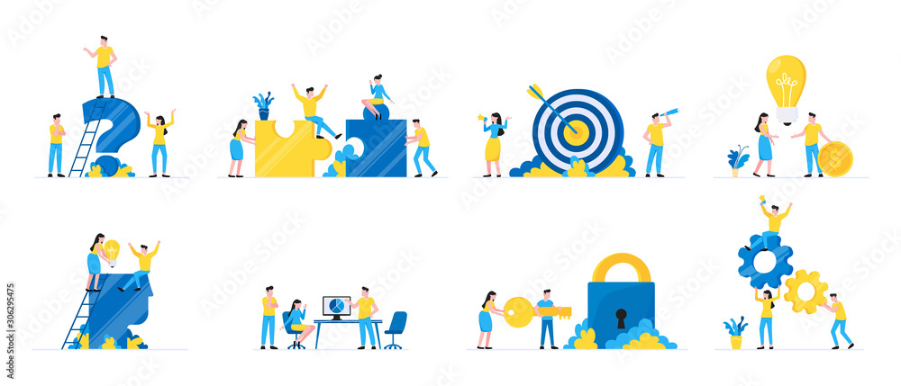 Teamwork concept with tiny people characters working together business concept elements set. Teamwork and time management concept flat style design vector illustration isolated on white background.
