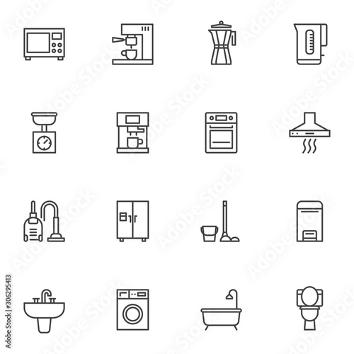 Home appliances line icons set. Kitchenware utensils linear style symbols collection, outline signs pack. vector graphics. Set includes icons as microwave oven, gas stove, coffee pot, teapot, fridge