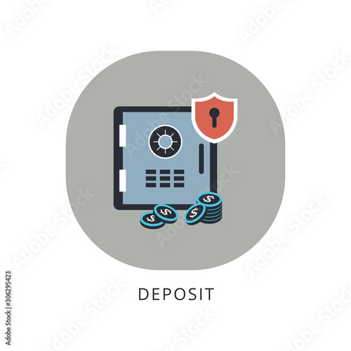 Safe badge in flat style, money locker with combination lock