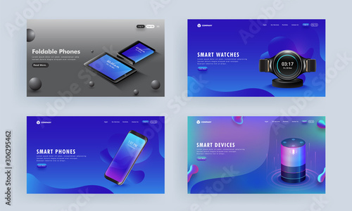 Landing page or hero shots set with gadgets like as smartphone, voice assistant, tablets, and smart watch on abstract background.