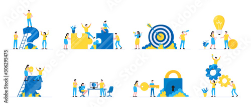 Teamwork concept with tiny people characters working together business concept elements set. Teamwork and time management concept flat style design vector illustration isolated on white background.