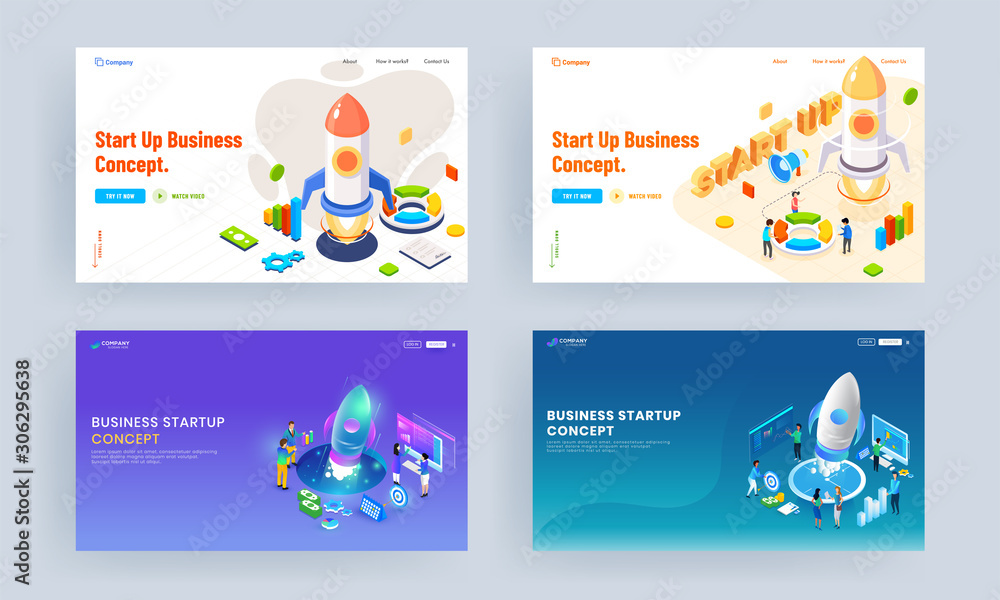Set of landing page design with illustration of people working together of launching a successful project to company and financial infographic elements for Business Start up concept.