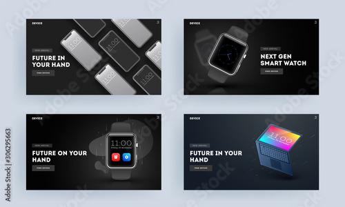 Set of landing page or hero shot with smart devices as smartphone, watch and laptop illustration.