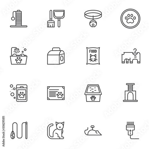Pet shop line icons set. Veterinary accessories linear style symbols collection, outline signs pack. vector graphics. Set includes icons as cat food, certificate, kennel, scratching post, litter tray