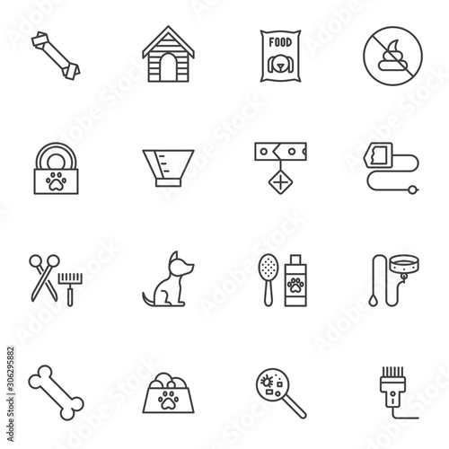 Pet shop line icons set. linear style symbols collection, outline signs pack. vector graphics. Set includes icons as dog food bowl, kennel house, collar, anti-flea shampoo, bone, protective cone