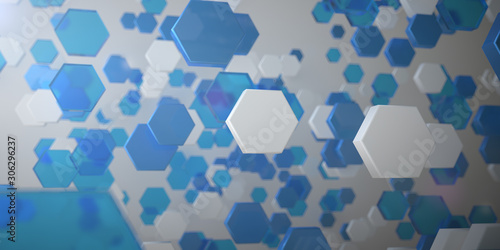 Abstact hexagons background.Abstract floating shapes By using materials such as blue glass and white plastic to make a presentation for the product Beauty or digital media. 3D render.