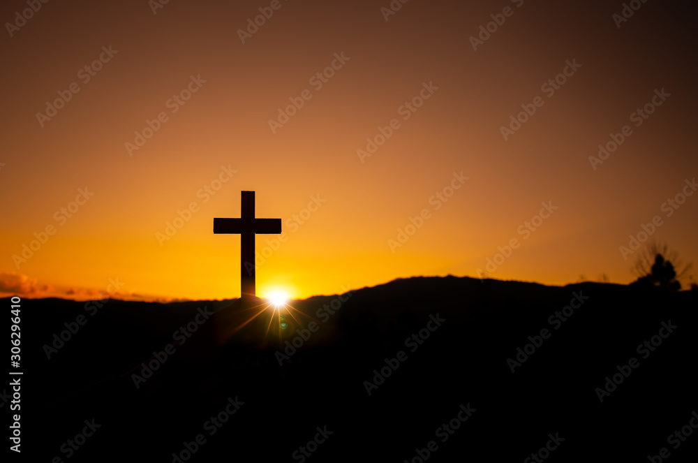 Crucifixion of Jesus. Cross with Sunset. christian silhouette concept.