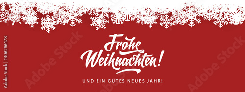 Frohe Weihnachten - Merry Christmas in German language red flat background template with snowflakes, and calligraphy
