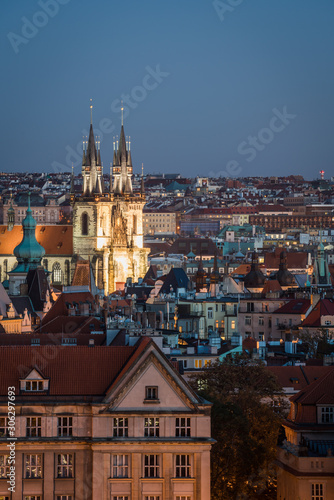 Sunset and Night view of the cityscapes in Prague old city and The Church of Mother of God before Týn, Czech Republic