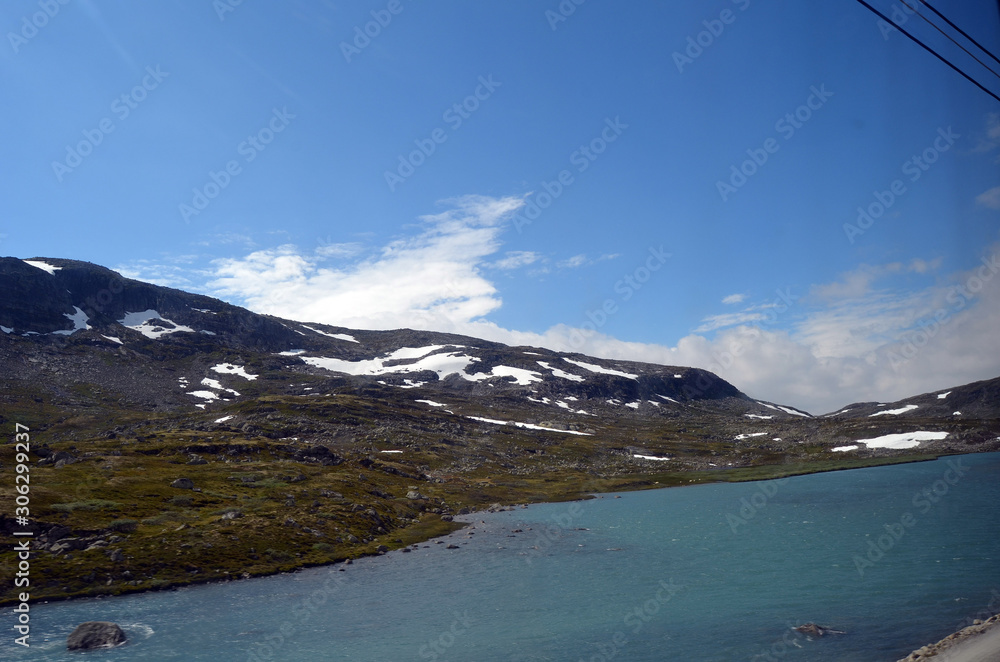 Obraz premium Railway travel in Norway.Views in the train. Flamsban. The Bergen - Oslo train. Norway