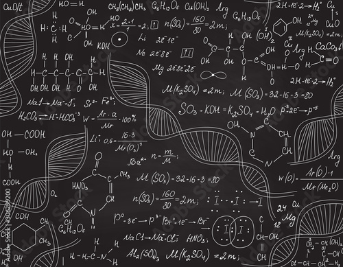 Scientific chemistry vector seamless pattern with handwritten chemical equations, formulas and lab equipment.endless educational background
