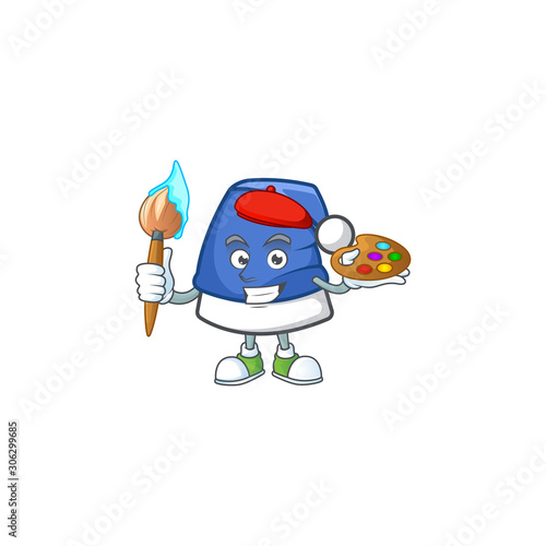 Cheerful blue christmas hat painter cartoon character with brush