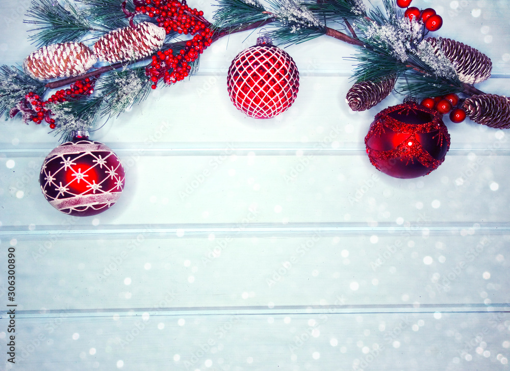 Naklejka premium winter background with fir branches decor and snow