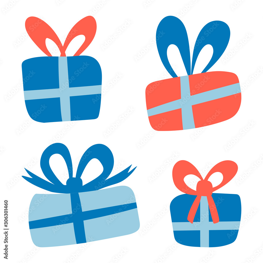 Vector hand drawn gifts, blue and red boxes with bows. Design of cards, posters, gift wrapping. Vector hand drawn gifts, blue and red boxes with bows. Design of cards, posters, gift wrapping.