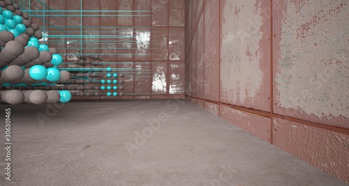 Abstract architectural concrete interior from an array of blue spheres with large windows. 3D illustration and rendering.