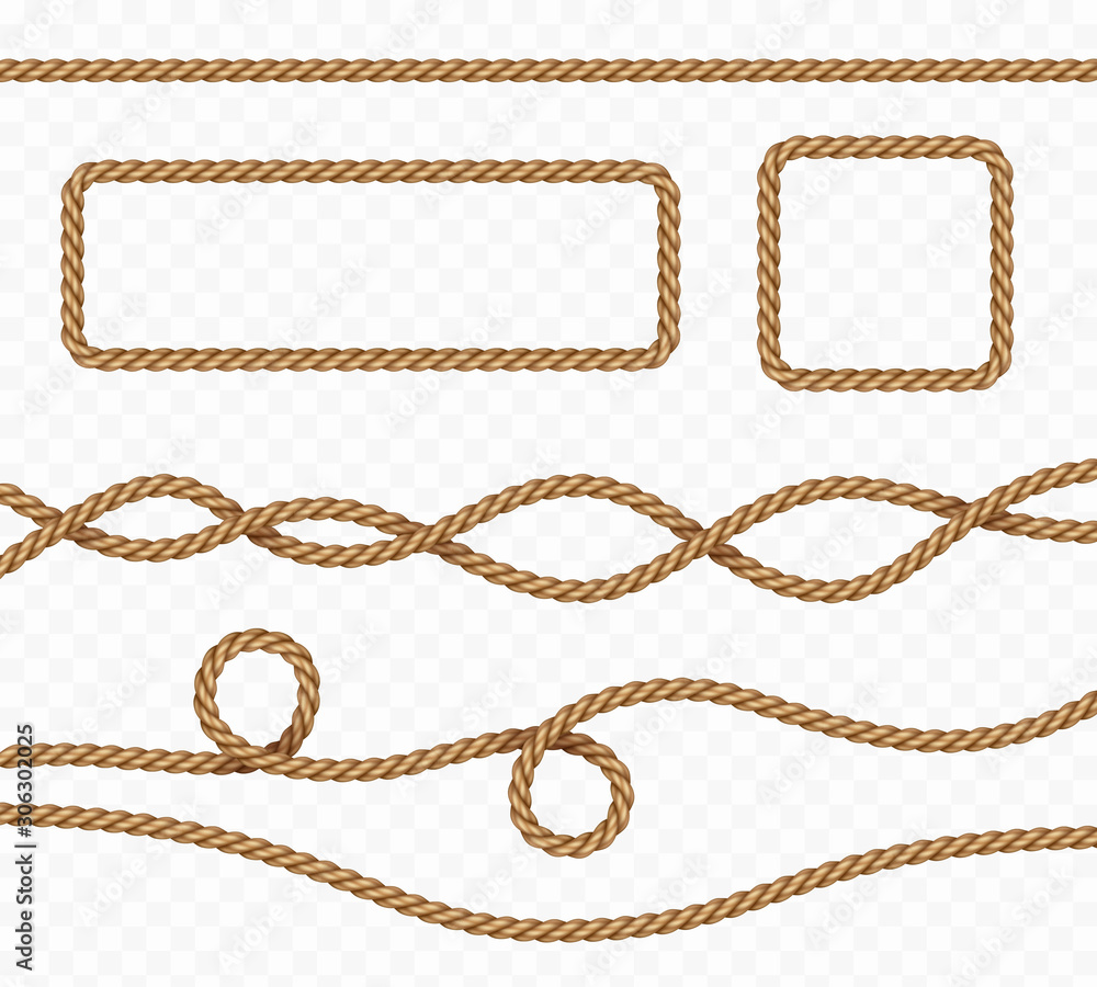 Rope frame set isolated on transparent background. Vector realistic texture string, jute, thread or cord borders pattern.