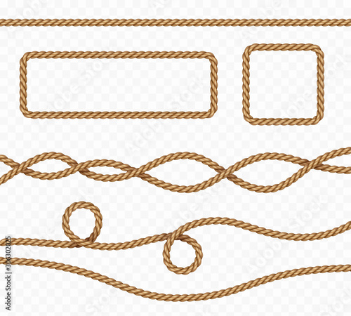 Rope frame set isolated on transparent background. Vector realistic texture string, jute, thread or cord borders pattern.