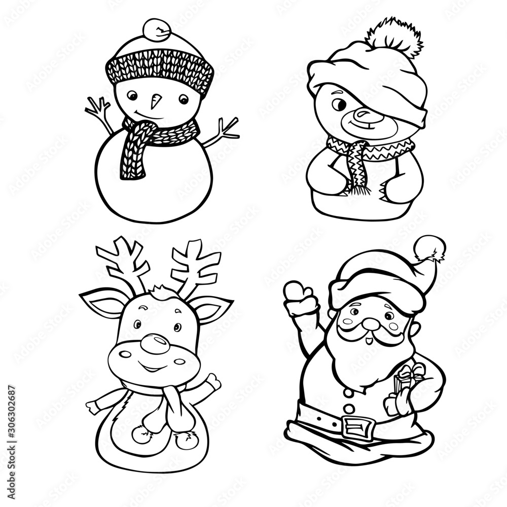 coloring book set outline characters solid santa claus deer snowman bear doodle vector chonto white stickers coloring book set outline characters solid santa claus deer snowman bear doodle vector chonto white stickers