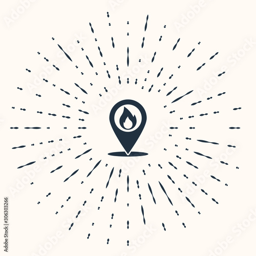 Grey Map pointer with fire flame icon isolated on beige background. Fire nearby. Abstract circle random dots. Vector Illustration