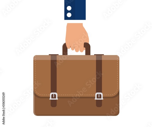 Business concept. Businessman hand holding briefcase with corporate company documents. Vector illustration in flat style
