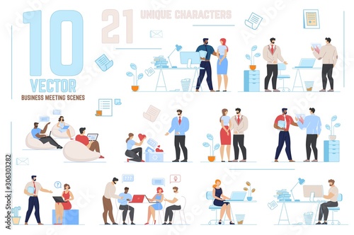 Business Meeting Scenes Set with Unique Characters