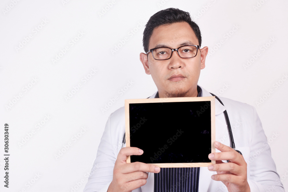 Doctor Holding Showing Empty Blackboard Doctor Holding Showing Empty Blackboard