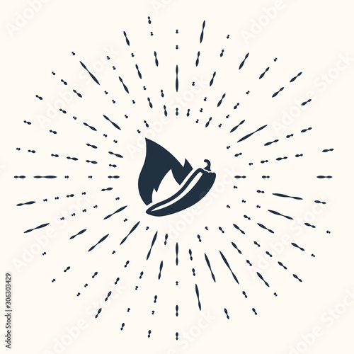 Grey Hot chili pepper pod icon isolated on beige background. Design for grocery, culinary products, seasoning and spice package, cooking book. Abstract circle random dots. Vector Illustration