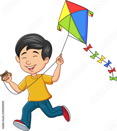 Cartoon happy boy playing kite