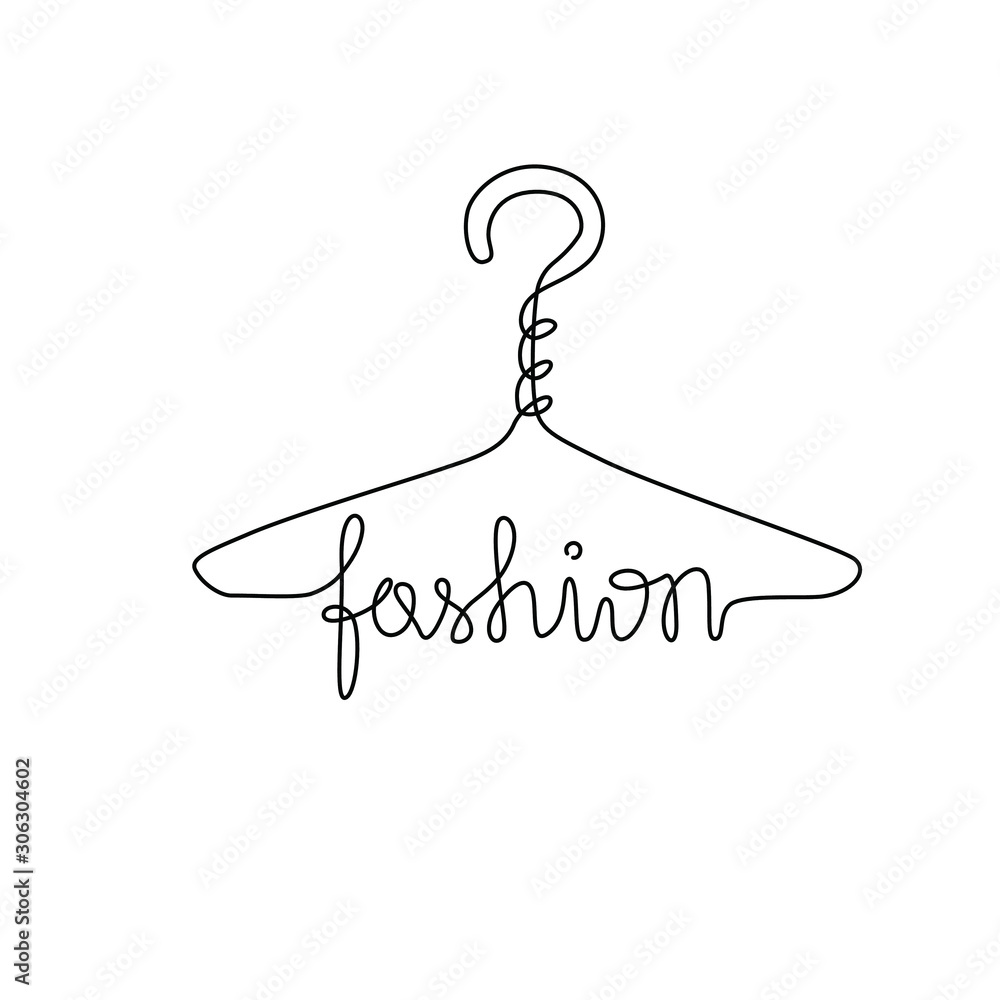 Hanger, fashion inscription, emblem or logo design, сontinuous line drawing, small tattoo, print for clothes and logo design, fashion shop logo, isolated vector illustration. Stock Vector