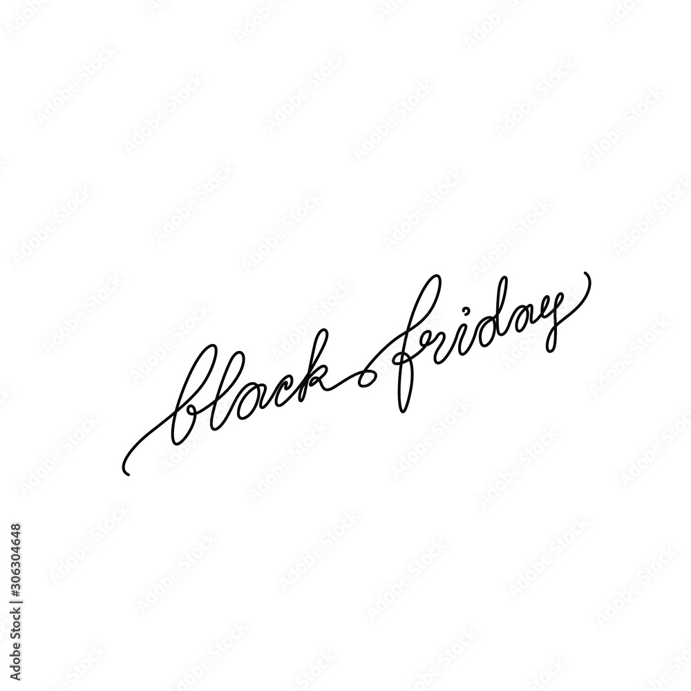 Black Friday hand lettering, emblem or logo design, sale, continuous line drawing, tattoo, inscription, print for clothes, t-shirt, one single line on a white background, isolated vector illustration