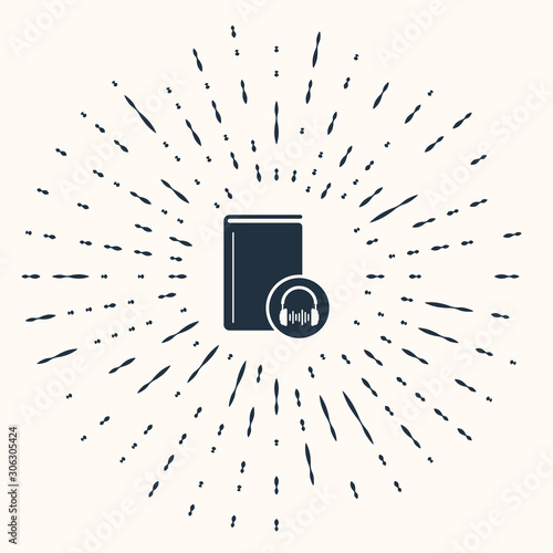 Grey Audio book icon isolated on beige background. Book with headphones. Audio guide sign. Online learning concept. Abstract circle random dots. Vector Illustration