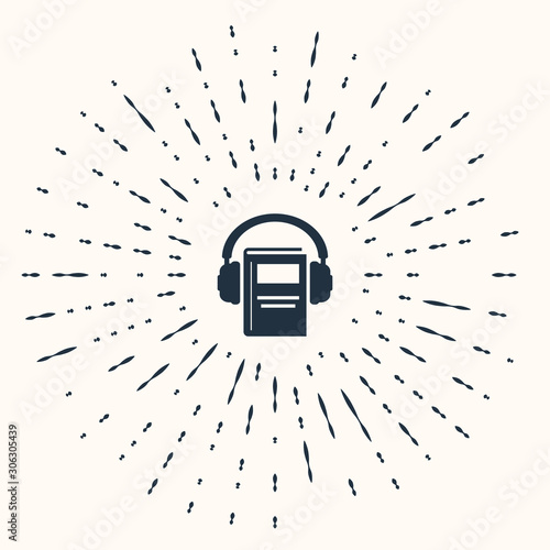 Grey Audio book icon isolated on beige background. Book with headphones. Audio guide sign. Online learning concept. Abstract circle random dots. Vector Illustration