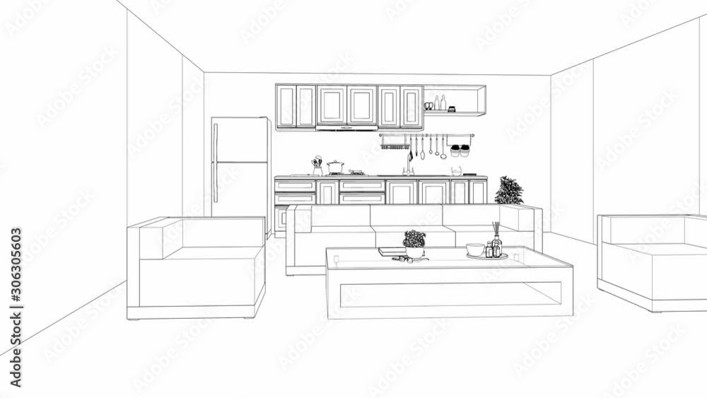 sketch of a living room in modern house interior, 3d animation 4k video sketch of a living room in modern house interior, 3d animation 4k video