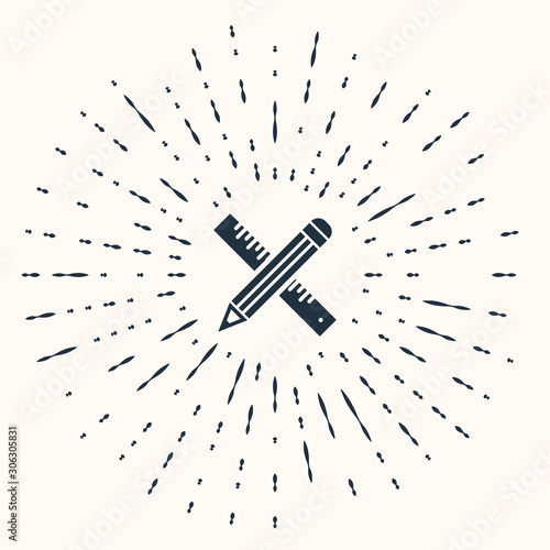 Grey Crossed ruler and pencil icon isolated on beige background. Straightedge symbol. Drawing and educational tools. Abstract circle random dots. Vector Illustration