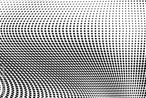 Abstract halftone texture in the form of a wave. Monochrome art background of black dots on white. Vector chaotic pattern. Template for printing and design of business cards, labels, posters