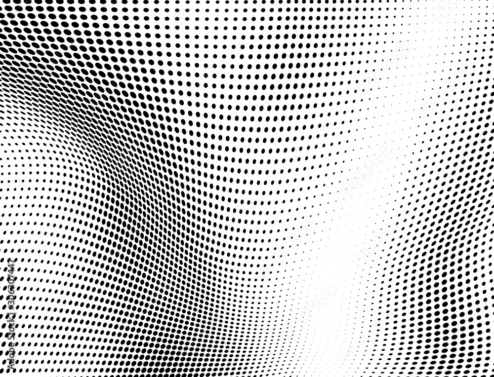 Abstract halftone texture in the form of a wave. Monochrome art background of black dots on white. Vector chaotic pattern. Template for printing and design of business cards, labels, posters Abstract halftone texture in the form of a wave. Monochrome art background of black dots on white. Vector chaotic pattern. Template for printing and design of business cards, labels, posters