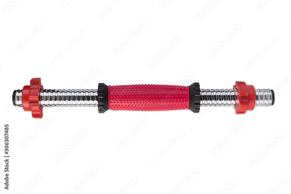 steel bar of a dumbbell with a red rubber handle, on a white background, horizontal layout steel bar of a dumbbell with a red rubber handle, on a white background, horizontal layout
