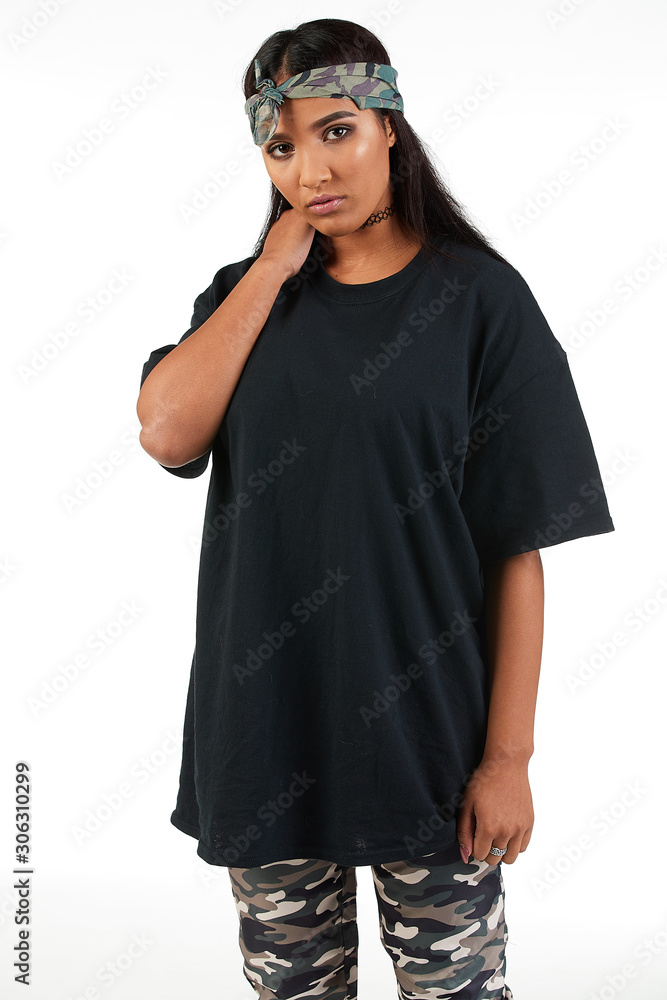 Blank t-shirt mock-up - Cool streetwear fashion girl ready for your design Blank t-shirt mock-up - Cool streetwear fashion girl ready for your design