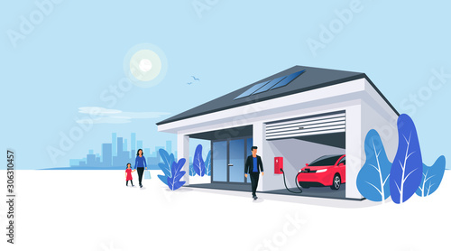 Electric car parking charging at smart house garage wall box charger station stand at family home. Renewable energy storage with solar panels and city skyline in background. Vector illustration. 