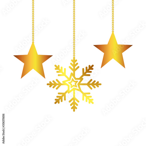 snowflake with stars golden of christmas hanging vector illustration design