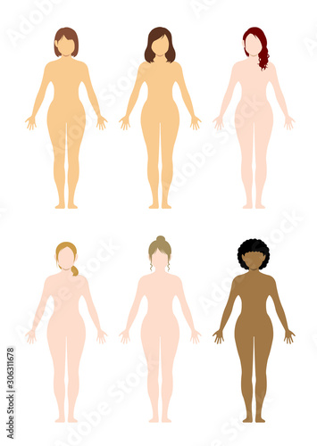 Faceless naked woman /nude body , silhouette , outline shape vector illustration set ( various races ) 